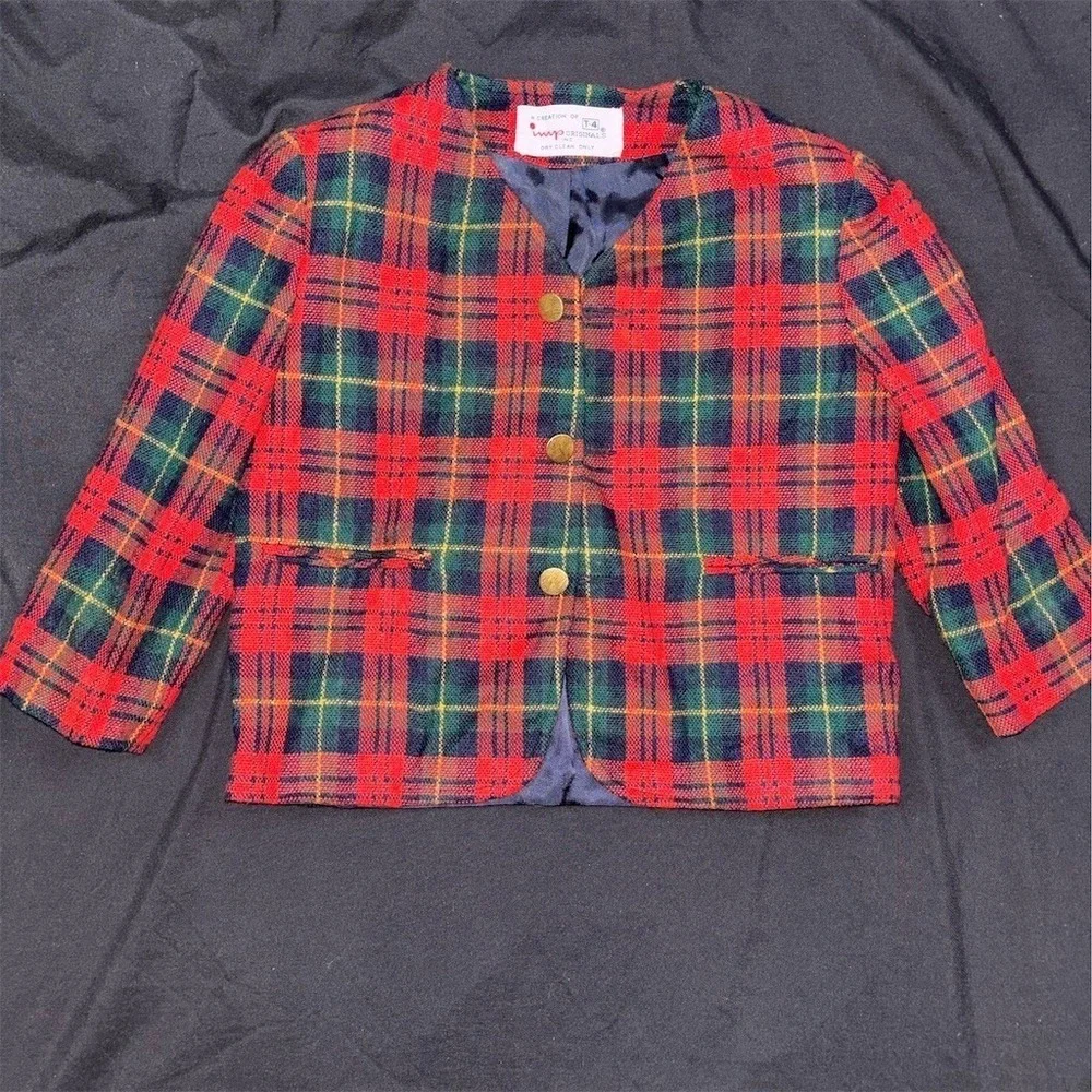 Imp Originals Vintage Girls Red Plaid Tartan Blazer Jacket Size 4 Holiday Gold